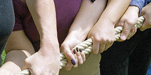 Many hands pull on a rope in the same direction.