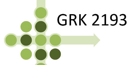 horizontaler grüner Pfeil nach rechts und vertikaler grüner Pfeil nach oben. Darauf und daneben in hell- und dunkelgrün Kreise. Zwischen den Pfeilen in schwarzen Großbuchstaben "GRK 2193"