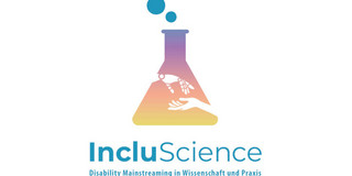 Das Logo von IncluScience, ein Laborkolben mit einer menschlichen Hand und einer Roboterhand