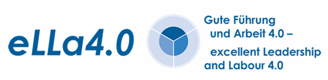 Ella 4.0 logo. On the left in blue letters "ella 4.0". Both L in capital letters. To the right, a circle with a blue core and a light blue outer border. The circle is divided into thirds with white lines. To the right, in blue letters, "Good Leadership and Work 4.0". Below that, the English translation "excellent Leadership and Labour 4.0".