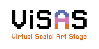 Logo Visas. In angedeuteter verpixelten schwarzen Buchstaben "visas". Das A ist in blau, rosa und orange gestaltet. Darunter auf Englisch in orangener Schrift "Virtual Social Art Stage".