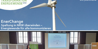 Grafik: Plakat und Foto einer Veranstaltung zum 2. Bürgerforum „Energiewende in NRW“ mit Vortrag und Publikum.