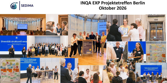 Impressionen vom INQA Förderschwerpunkttreffen Es handelt sich um eine Collage verschiedener Impressionen des Treffens. Zu sehen sind Gruppenbilder, Menschen, die eine Präsentation halten und auch Leute, die miteinander im Austausch sind.