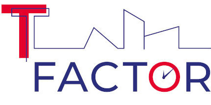 Rotes T. Daneben in feinen blaue Linien. Das Wort "Factor" in blauen Großbuchstaben. Das O als rote Uhr mit blauen Zeigern. Darunter in blauen Großbuchstaben "Participatory Futures Co-Creating Cities through meanwhile Spaces".