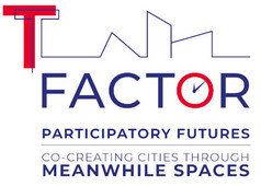 Red T. Next to it in fine blue lines. The word "Factor" in blue capital letters. The O as a red clock with blue hands. Below in blue capital letters "Participatory Futures Co-Creating Cities through meanwhile Spaces".