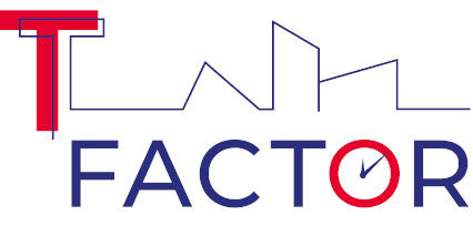Red T. Next to it in fine blue lines. The word "Factor" in blue capital letters. The O as a red clock with blue hands. Below in blue capital letters "Participatory Futures Co-Creating Cities through meanwhile Spaces".