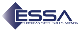 Blue square set on the top. To the right of it in blue capital letters "Essa". Below it, written in English, "European steel skills agenda".