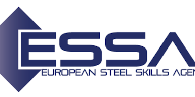 Blue square set on the top. To the right of it in blue capital letters "Essa". Below it, written in English, "European steel skills agenda".