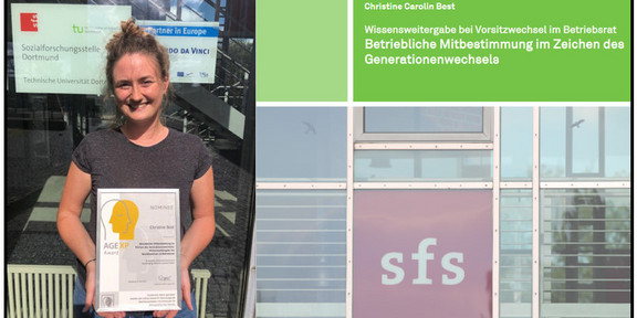 Christine Best hält AGExp Award vor einem Fenster der Sozialforschungsstelle Dortmund