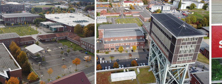 Collage aus Luftbildaufnahmen der Sozialforschungsstelle Dortmund mitsamt der Umgebung in Eving