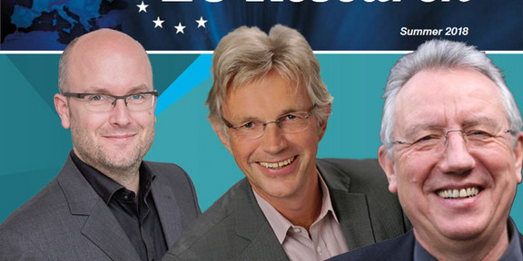Die sfs-Wissenschaftler Christoph Kaletka, Jürgen Howaldt und Antonius Schröder im Portrait. Dazu der Schriftzug "Getting to the core of social innovation" und "EU Research" mit Sternen der EU und Europakarte im Hintergrund.