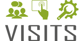 Visits logo. Three green figures with two speech bubbles. Next to it a green hand pressing on a screen. On the right, green pliers in a green gear. Below that in gray capital letters "Visits".