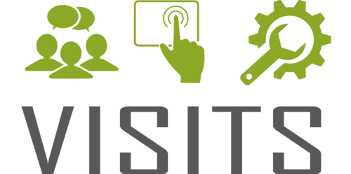 Visits logo. Three green figures with two speech bubbles. Next to it a green hand pressing on a screen. On the right, green pliers in a green gear. Below that in gray capital letters "Visits".