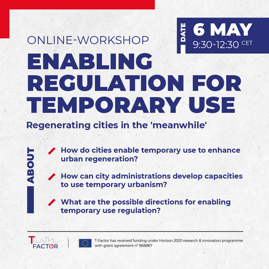 Flyer mit den wichtigsten Infos zum Online-Event "Enabling Regulation for Temporary Use - Regenerating cities in the ‘meanwhile’"