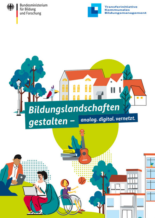 Cover vom Programmheft "Bundeskonferenz Bildungsmanagement 2022: Bildungslandschaften gestalten – analog. digital. vernetzt." Zu sehen sind das Logo des BMBF, der Transferinitiative Kommunales Bildungsmanagement und Menschen zusammen mit Gebäuden, Bäumen und einem Vogel im Comicstil.