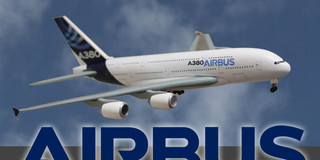 Freigestelltes Foto eines Airbus-Flugzeugmodells. Darunter das Airbus-Logo.