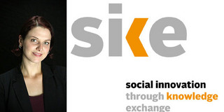 Sabrina Janz im Portrait und rechts von ihr das Logo des Projektes "SIKE – Social Innovation through Knowledge Exchange"