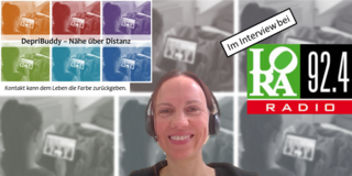 Collage: Profilbild von Kerstin Guhlemann, das Logo des Projekts DepriBuddy und das Logo des Radiosenders LORA 92.4 RADIO.