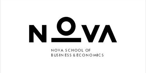 Nova logo. In black letters. Under O a crossbar. Signature "Nova school of business and economics" in capital letters.