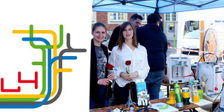 Bildmontage bei der links das Projektlogo von Emscher-Lippe⁴ und rechts Daniel Krüger und Ann Christin Schulz an einem Projektstand draußen zu sehen sind.