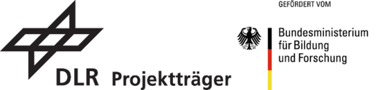Links der Schriftzug "DLR Projektträger". Darübereine Figur aus zwei übereinanderliegenden Rechtecken. Rechts der Bundesadler, daneben ein horizontaler schwarz-rot-goldener Streifn und der Schriftzug "GEFÖRDERT VOM: Bundesministerium für  Bildung und Forschung"