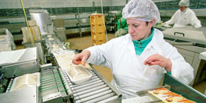 Wird es zukünftig noch Einfacharbeit geben, wie wird sie sich verändern? Mitarbeiterin mit weißer Schutzkleidung und weißer Haarhaube arbeitet am Fließband und etikettiert Produkte