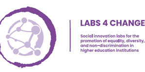 Projektlogo Labs4Change: Lila Kreis mit Netzwerkartiger Struktur, daneben der Schriftzug "Labs 4 Change"