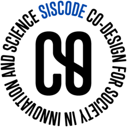 In a circle written in English in capital letters "Siscode Co-Design for Society in Innovation and Science". The logo written in blue. In the center of the circle a C and an O connected to each other.