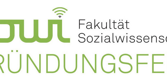 Lettering element "Founding ceremony of the Faculty of Social Sciences on 15.01.2021" in light green TU Dortmund font color and the logo of the Faculty of Social Sciences