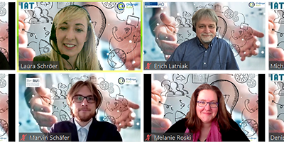 Auftaktveranstaltung Change-Ruhr-Team Das Team von Change Ruhr will mit dem Zukunfts-HUB für KMU die arbeitsorientierte Gestaltung des digitalen Wandels im Ruhrgebiet voranbringen. Das Foto zeigt acht Menschen aus dem Team bei einer Videokonferenz.