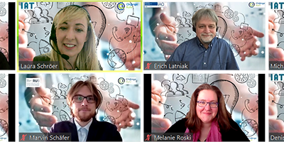 Das Team von Change Ruhr will mit dem Zukunfts-HUB für KMU die arbeitsorientierte Gestaltung des digitalen Wandels im Ruhrgebiet voranbringen. Das Foto zeigt acht Menschen aus dem Team bei einer Videokonferenz.