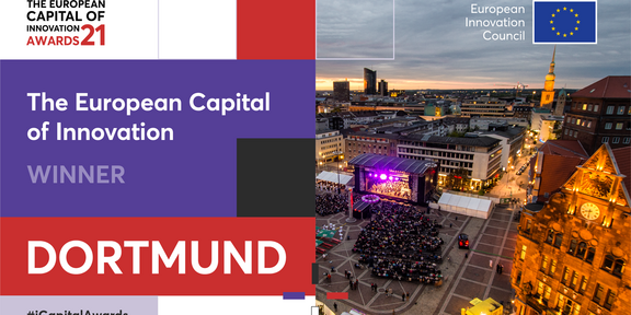 Bildcollage zum iCapital Award, bei dem Dortmund einen internationalen Wettbewerb gewann und zur Europäischen Innovationshauptstadt gewählt wurde. Zu sehen ist hierbei eine abendliche Luftaufnahme der Innenstadt Dortmunds.