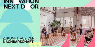 Flyer of the city of Dortmund for "INNOVATION NEXT DOOR - Future from the neighborhood": The text "INNOVATION NEXT DOOR - Future from the neighborhood" is accompanied by a photo of a group of people in a semicircle at an event. The coat of arms of the city of Dortmund is additionally integrated at the bottom left. 