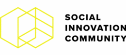 Logo der Social Innovation Community. Links gelbe Skizze. Rechts Name des Logos.