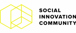 Logo der Social Innovation Community. Links gelbe Skizze. Rechts Name des Logos.
