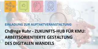 Grafik mit dem Text „Einladung zur Auftaktveranstaltung – Ch@nge Ruhr – Zukunfts-Hub für KMU: Arbeitsorientierte Gestaltung des digitalen Wandels“. Im Hintergrund sind gezeichnete Symbole und zwei Hände zu sehen, oben farbige Icons zu verschiedenen Themen.