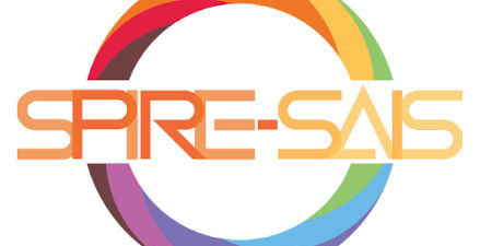 In orange capital letters going through a colorful circle "Spire-Sais". 
