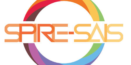 In orange capital letters going through a colorful circle "Spire-Sais". 
