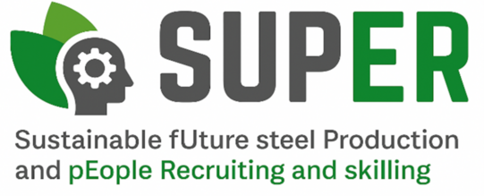 SUPER project logo: silhouette of a head with a cogwheel and two green leaves on it. Next to it the lettering “SUPER” and the full name of the project.