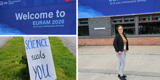 Banner der EURAM Conference 2026, ein Begrüßungsschild und Dr. Katrin Bauer vor dem Gebäude der University of Agder.