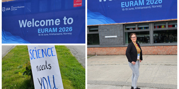 Dr. Katrin Bauer auf der EURAM Conference 2026 Banner der EURAM Conference 2026, ein Begrüßungsschild und Dr. Katrin Bauer vor dem Gebäude der University of Agder.