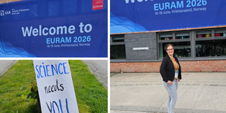 Dr. Katrin Bauer at the EURAM Conference 2026 The banner for the EURAM Conference 2026, a welcome sign, and Dr. Katrin Bauer in front of the University of Agder building.