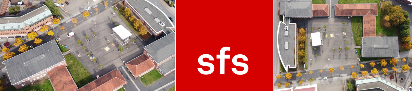 Collage des roten sfs-Logos und dem sfs-Gebäude