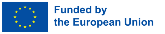 EN-Funded by the EU-POS On the left flag of Europe. On the right in blue writing in English: Funded by the European Union