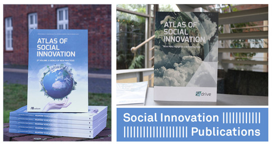 The covers of the two "Atlas of Social Innovation" are shown standing upright.