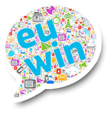 Speech bubble in blue font "eu win". In the background many small colorful symbols. 