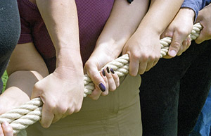 Many hands pull on a rope in the same direction.