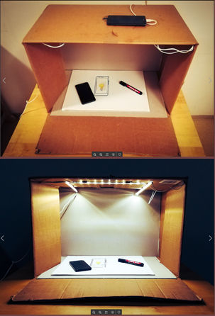 Bilder vom Versuchsaufbau: ein Pappkarton wird durch die Taschenlampe im Handy erleuchtet und vermittelt den Eindruck einer Bühne