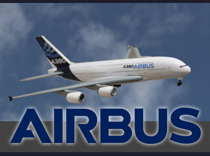Freigestelltes Foto eines Airbus-Flugzeugmodells. Darunter das Airbus-Logo.