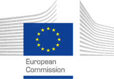 Logo of the EU in front of building outline of several parallel lines. Below lettering "European Commission" and blue stripe